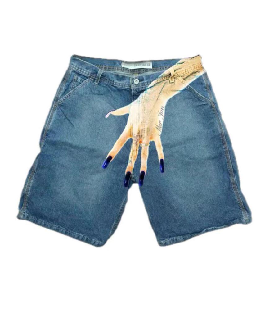 "Men's Y2K Hip-Hop Trend Pattern Denim Shorts - European and American High Street Fashion for Couples"