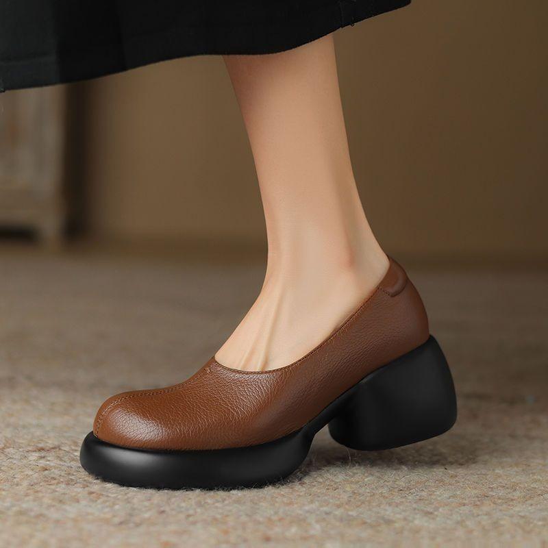 Thick Heel Elegant Light Mouth Small Leather Shoes One Pedal Commuting Single Shoes Summer New Mother Shoes