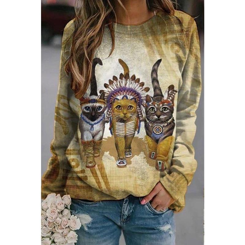 Round Neck 3D Cat Printed Top Casual Long Sleeved Women's T-shirts - Soft Medium Stretch Polyester Fabric Spring and Autumn Relaxed Fit Clothing