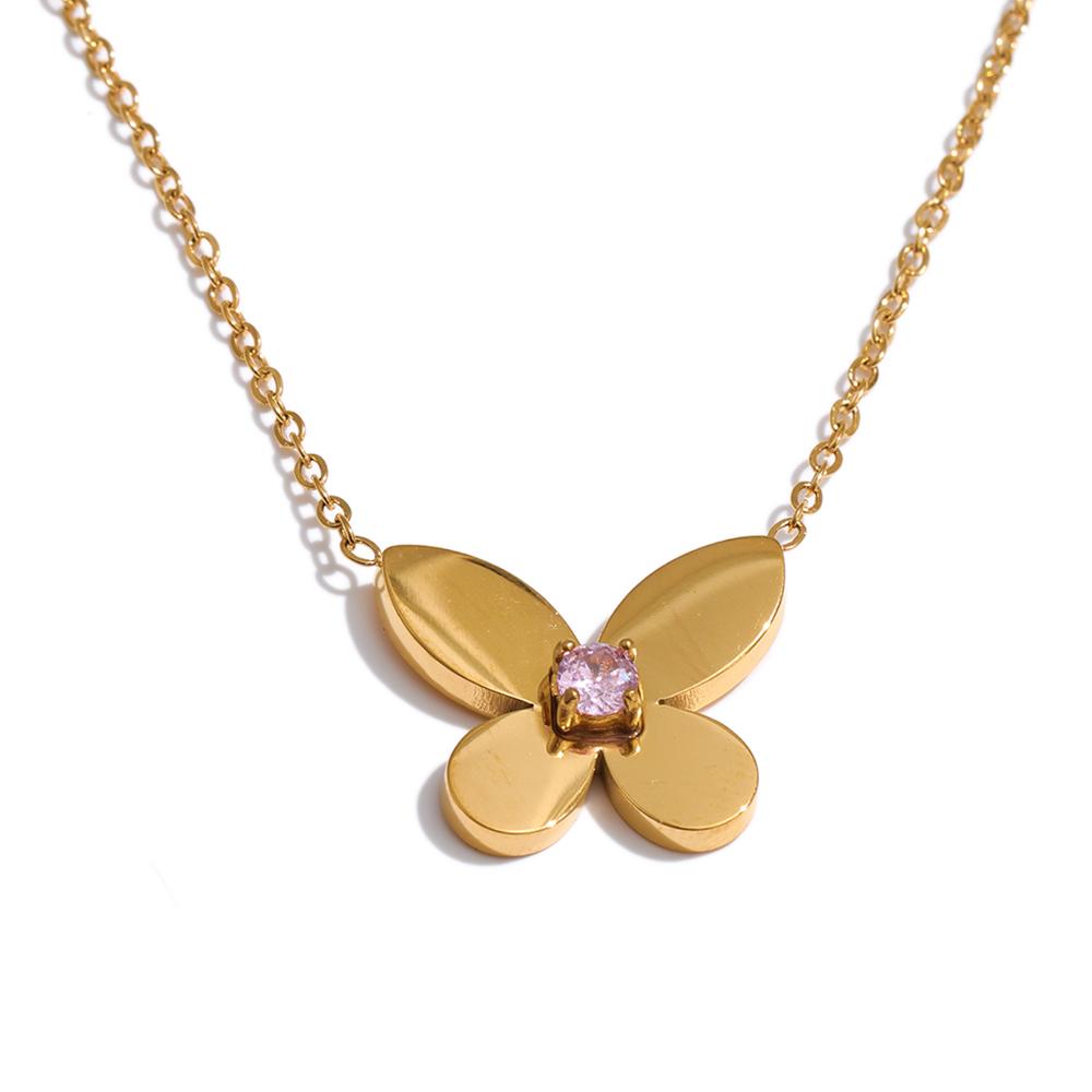 Yhpup Smooth Stainless Steel Zirconia Butterfly Pendant Necklace 18K Gold Color PVD Plated Attractive Women Jewelry Gift New