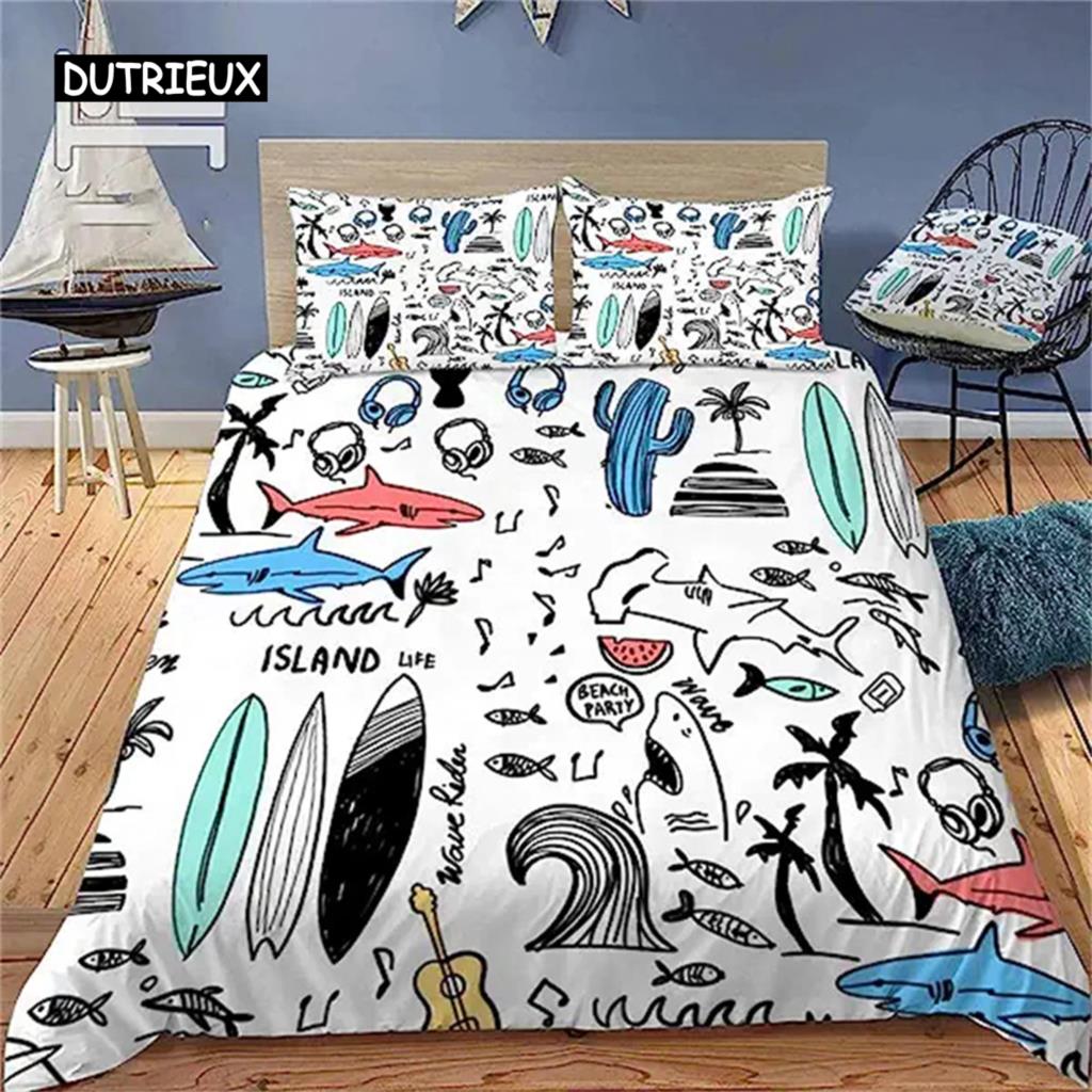 Surfboard Summer Sea Surfing Theme Duvet Cover Ocean Theme Bedding Set For Kids Boys Teens Soft Polyester Quilt Cover Decoration