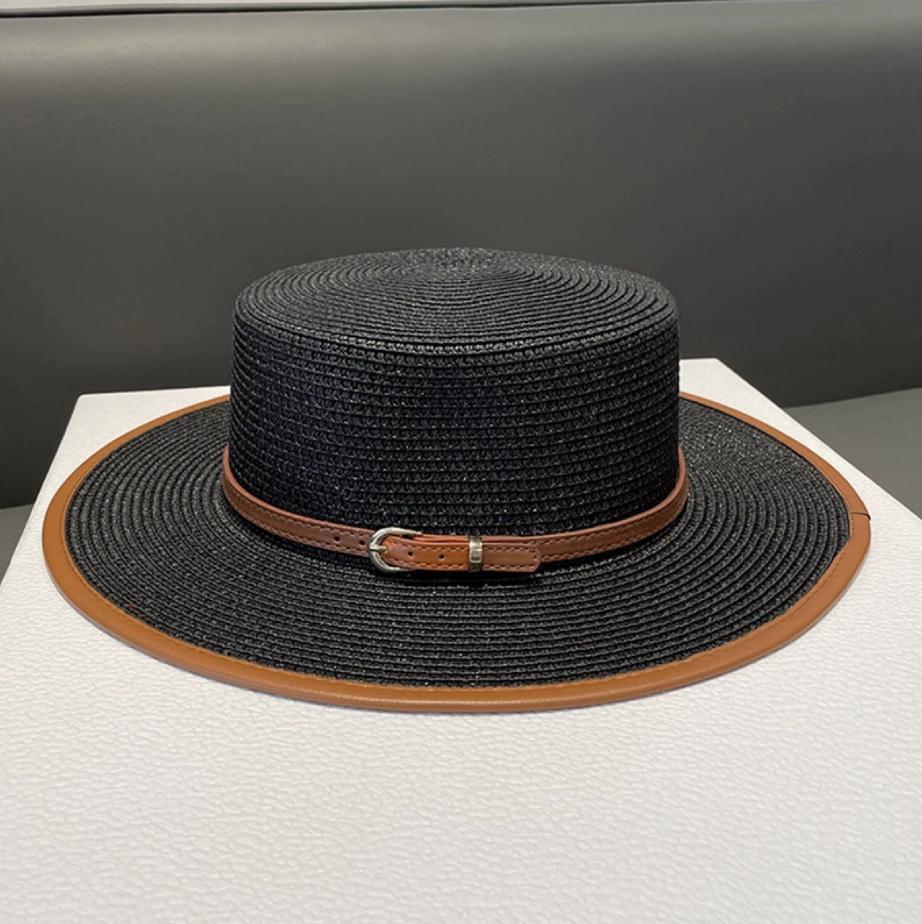 Women's Stylish British Inspired Flat Top Straw Sun Hat with Decorative Brown Belt Wide Brim UV Protection for Summer Beach