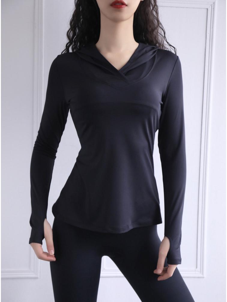 Dámske športové topy s kapucňou slim-fit: Priedušné bežecké mikiny s dlhým rukávom a štýlové oblečenie na jogu na jar a leto.