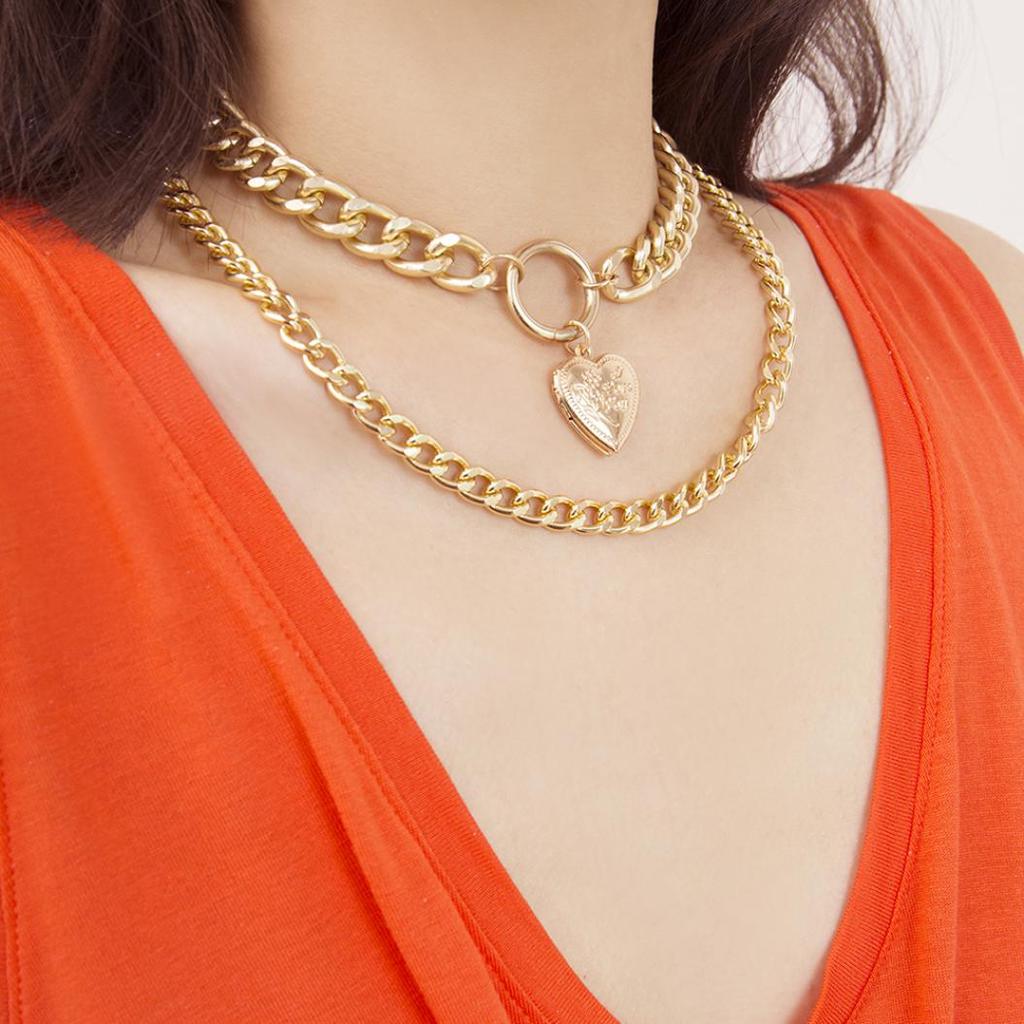 Punk Double Layer Love Herz Anhänger Dicke Panzerkette Choker Halskette Schmuck