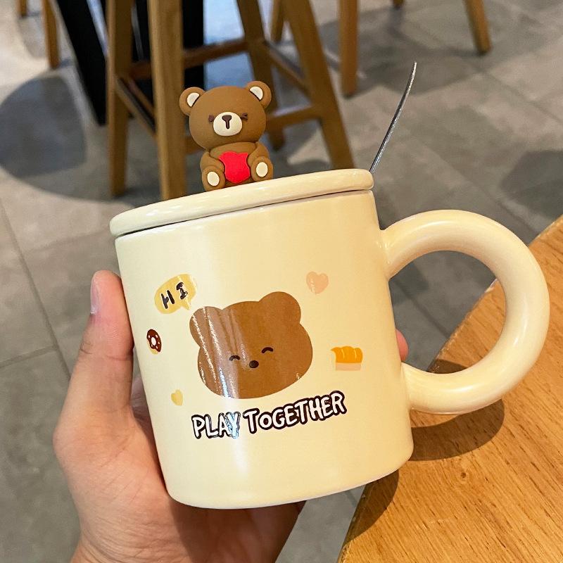 Kreative Keramiktasse mit Bär, Niedliche Cartoon-Kaffeetassen mit Deckel und Löffel, Frühstücks-Milchgetränkebecher, Wasserbecher für Paare, Bürotassen-Set
