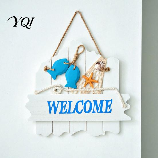 Blue And White Ocean Sign Mediterranean Style Wooden Welcome Sign, Starfish Shells Hanging Nautical Plaque, Decorative Wall Art for Home Porch