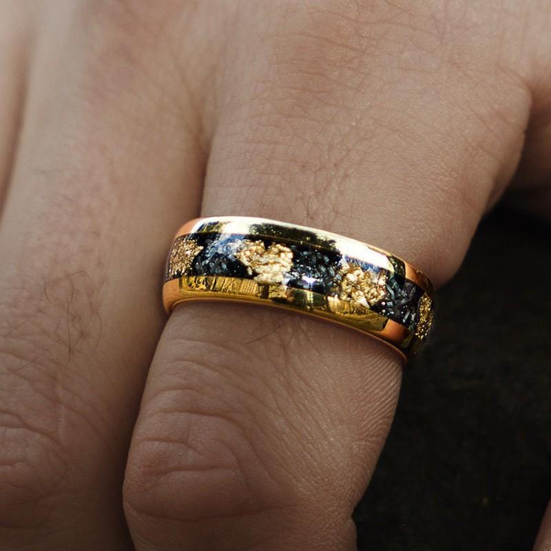 8MM  Stainless Steel Rings Inlay Meteorite Abalone Shell Steel Rings For Men Women Wedding Engagement Band Jewelry Gift