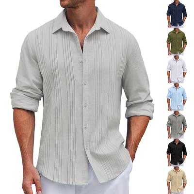 Camisa de manga comprida listrada de cor sólida masculina Camisa casual da moda masculina