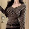 Women's Striped Off-the-Shoulder Slim Fit See-Through Long Sleeve T-Shirt for Autumn/Winter
