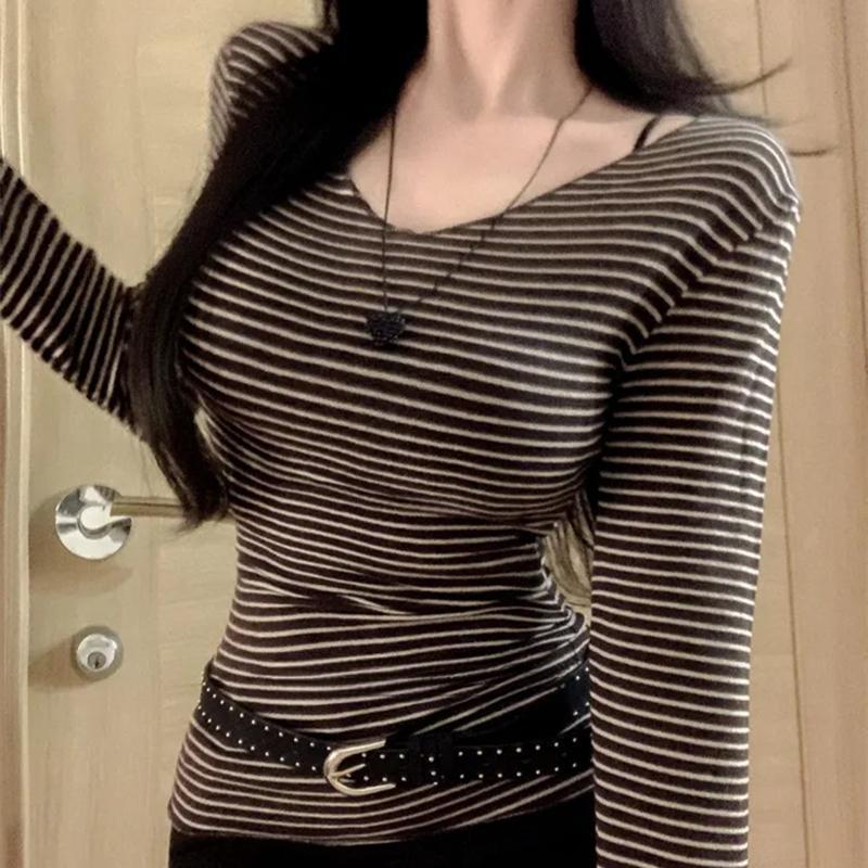 Women's Striped Off-the-Shoulder Slim Fit See-Through Long Sleeve T-Shirt for Autumn/Winter