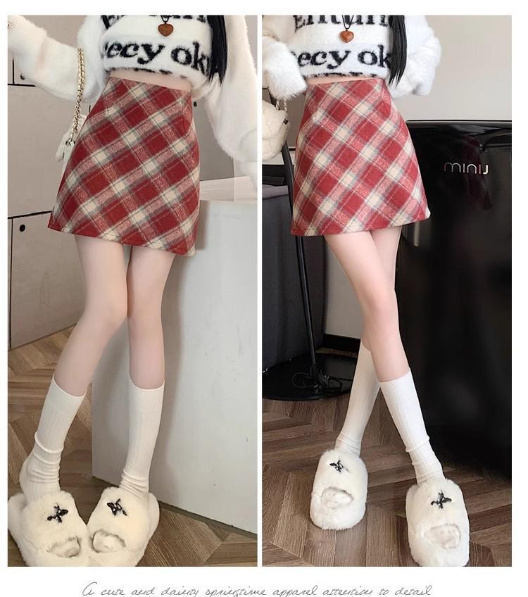 Women's Retro Red Plaid Wool Skirt - High-Waisted A-Line for Autumn/Winter 2024, Anti-Exposure