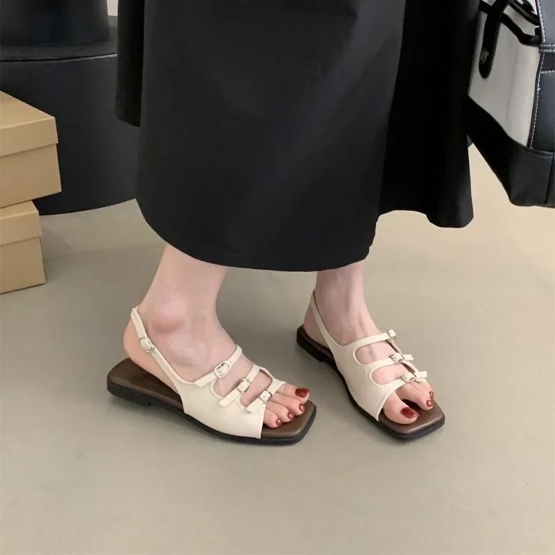 Women's Sandals Summer 2024 Retro French Flat Back Strap Roman Shoes Square Toe Belt Buckle Flat Sandalias Femininas