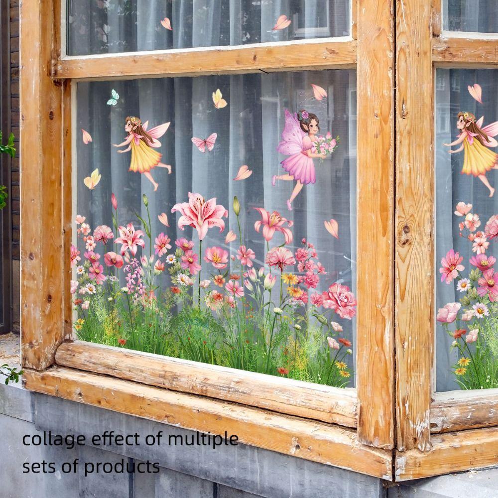 Mehrfarbiger Frühlingsblumen-Fensteraufkleber Cartoon-Blume Schmetterling Foto-Requisiten Florale Feen Statische Aufkleber Doppelseitig