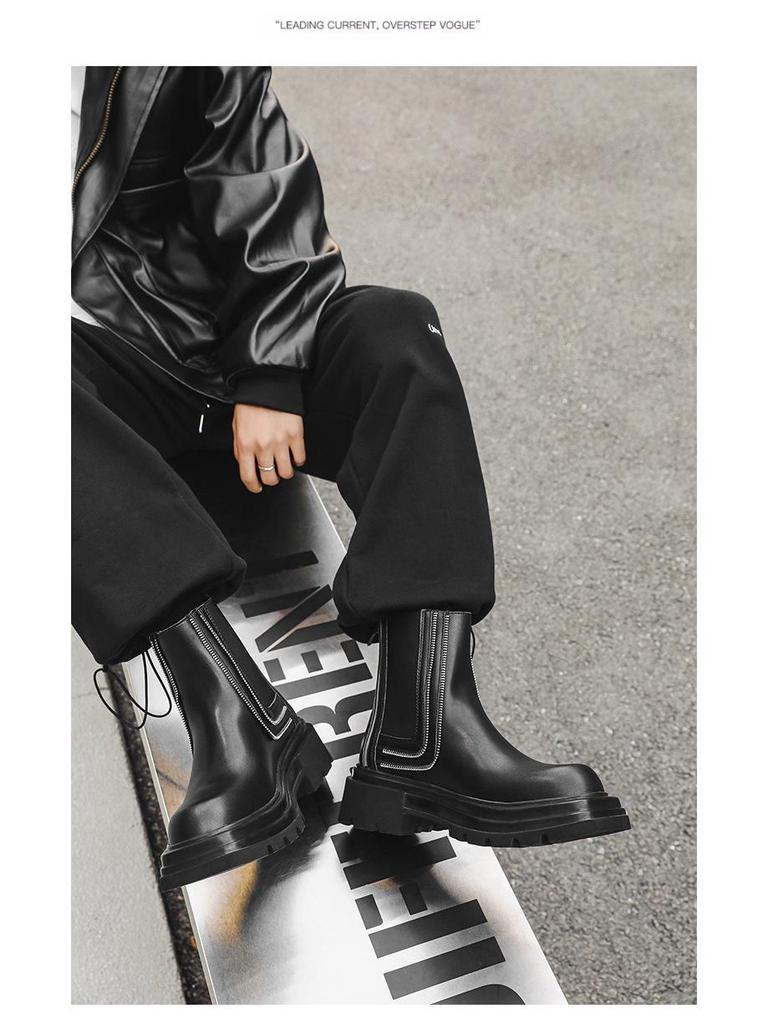 2024 Autumn Men's Fashionable Square-Toe Thick-Soled Zipper Mid-Tube Martin Boots