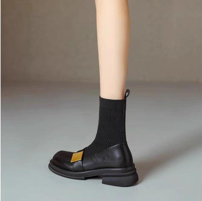 Women's Knitted Stretch Slimming Chunky Heel Ankle Boots, 2025 Autumn/Winter Retro Brown Mid-Heel Martin Loafers.