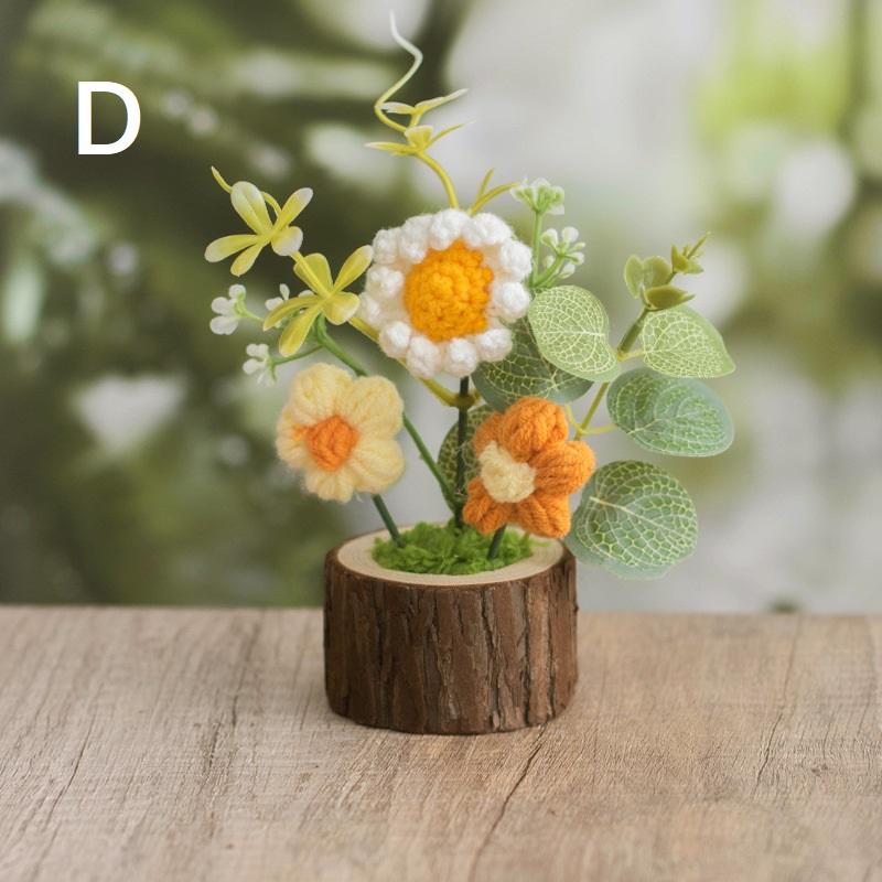 Handmade Crochet Flowers Potted Ornament Car Center Console Decor Cartoon Knitting Flowers Potted Diy Decoration Accessories