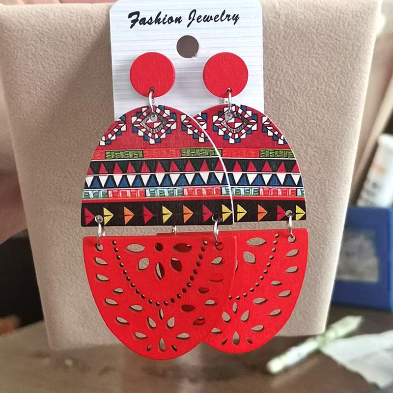 

Vintage Bohemian Exaggerated Oval Printed Wooden Earrings for Women Long Hollow Splicing Dangle Earrings Ethnic Female Jewelry красный