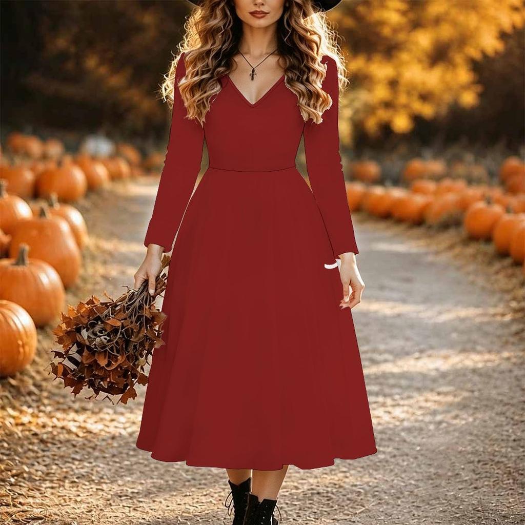 Halloween Women's Gradient Solid Print Midi Dress A Line Dress Vacation Casual Daily Regular Fit Long Sleeve V Neck Black Spring Fall
