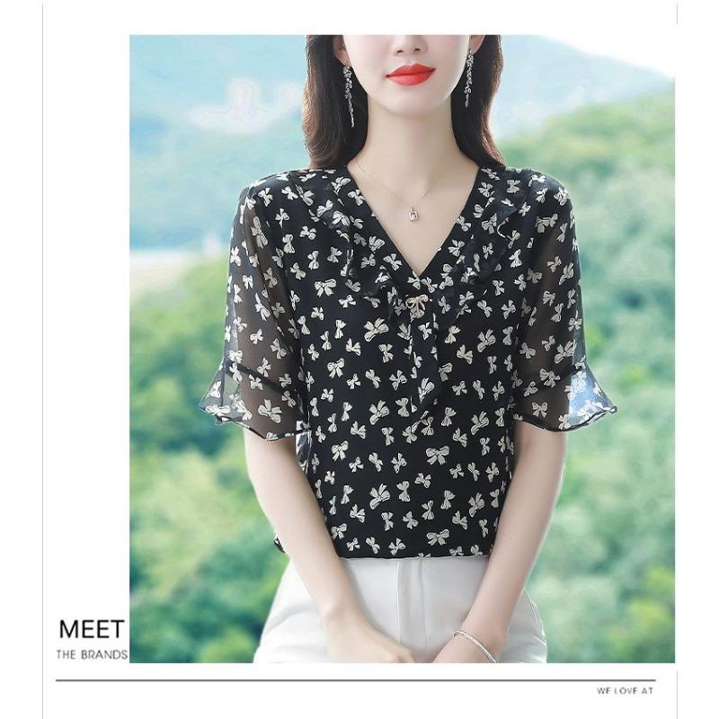 High-end Chiffon Shirt Fashionable Upscale Summer Loose Short-sleeved Top Elegant Dress Top