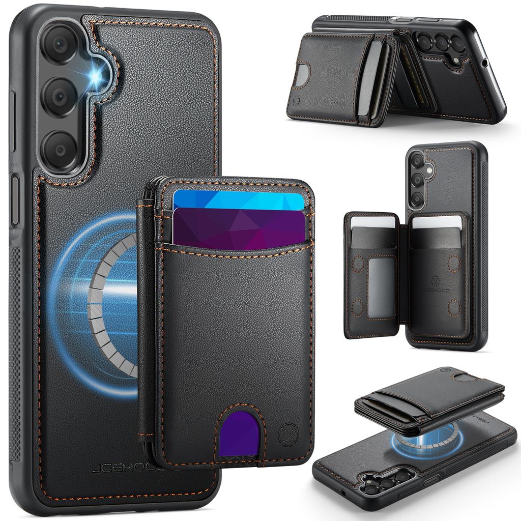 For Samsung Galaxy A15 5G/Galaxy A15 4G Magnetic Case JEEHOOD J10 Leather Back Phone Cover with Detachable Card Holder Kickstand