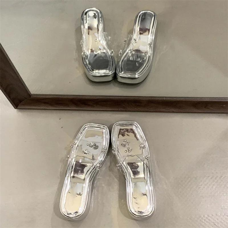 Fashion Women Shoes Diamond Transparent Slippers Women Solid Platform Wedges Shoes Women's Sandals Summer Square Toe High Heels Sandals