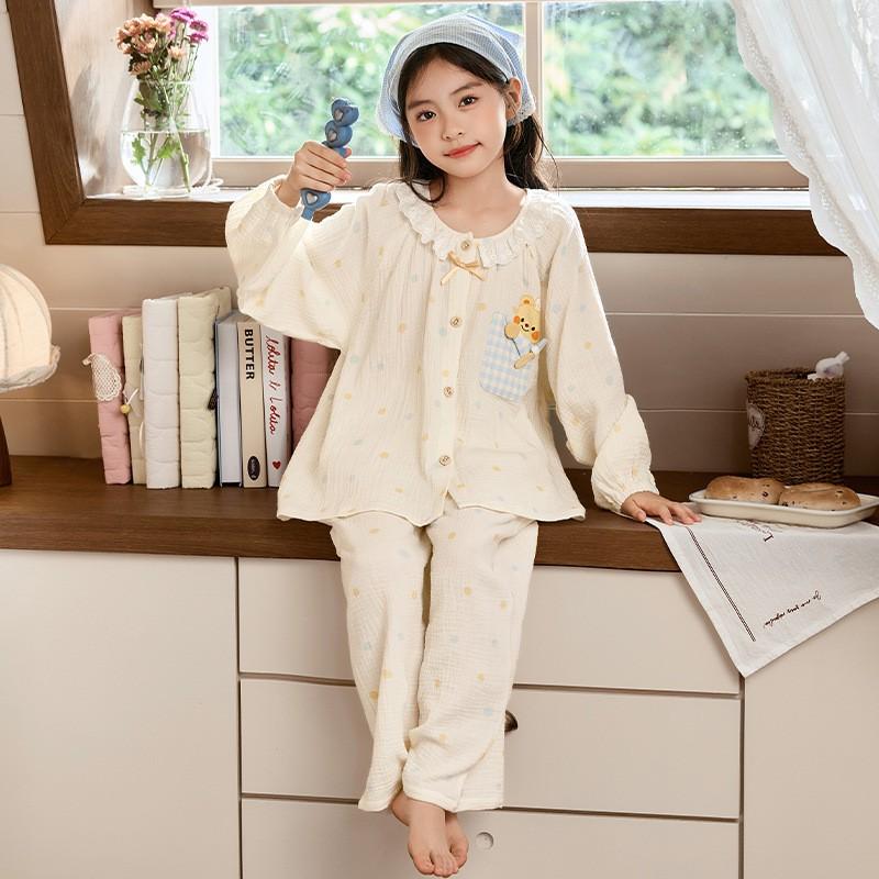 Cotton Gauze Kids Pajama Set Girls Long Sleeve Floral Print Sleepwear Comfortable Home Outfit