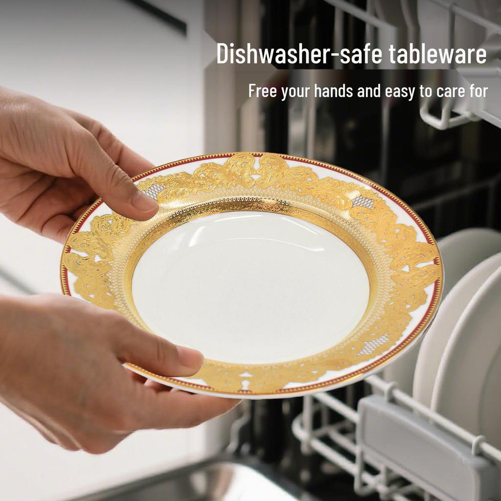 Europäisches Luxus Gold Knochenporzellan Schüssel & Teller Geschirrset