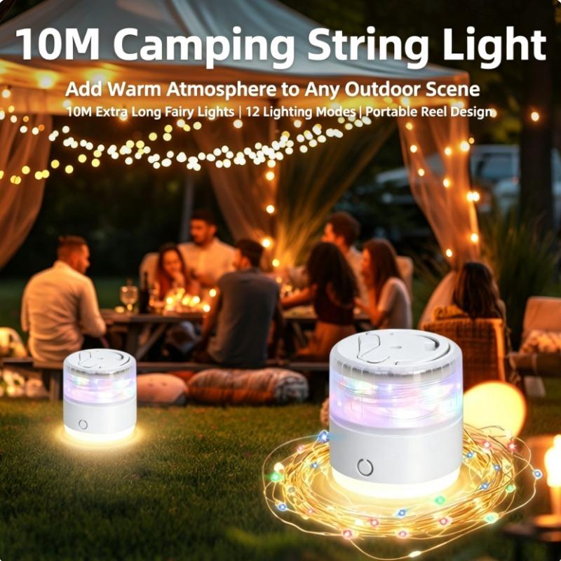 Camping String Lights, Retractable Camping String Fairy Lights Lanterns 10 M with 12 Lighting Modes, 1200 mAh USB Rechargeable