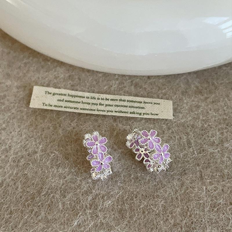 Elegant Purple Flower Hoop Earrings Women Minimalist Luxury Trendy Daily Jewelry