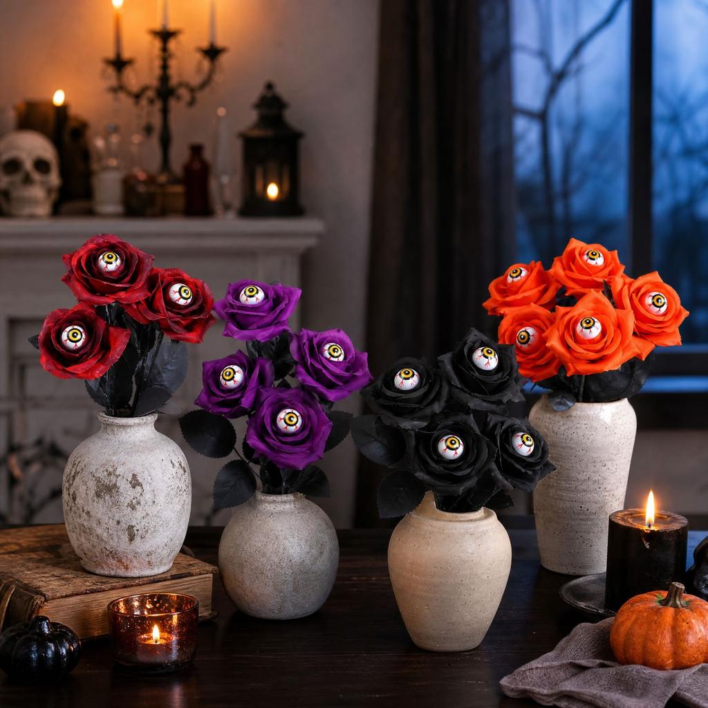 2 Halloween Eyeball Rose Bouquet for Party Table Vase Decoration