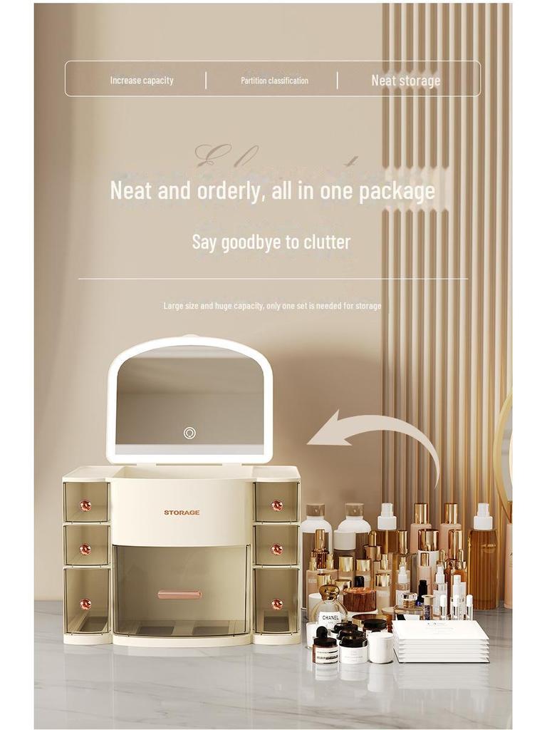 Beleuchtete 3-Farben Kosmetik-Aufbewahrungsbox mit Spiegel, Staubdichte Desktop-Schublade für Hautpflege
