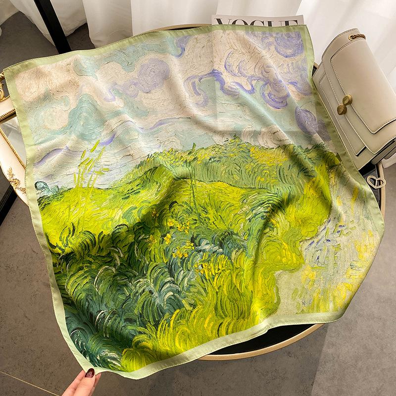 Green wheat field printed silk scarf women s spring new 100% mulberry silk silk scarf shawl windproof neck protection silk scarf scarf 70 зелёный