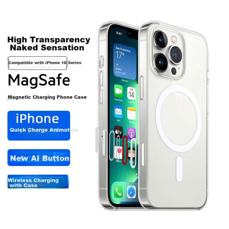 AI Button Transparent MagneticCase for Apple IPhone 16 Pro, Slim Shockproof Sweat-Resistant Fashion Simple Soft, Transparent