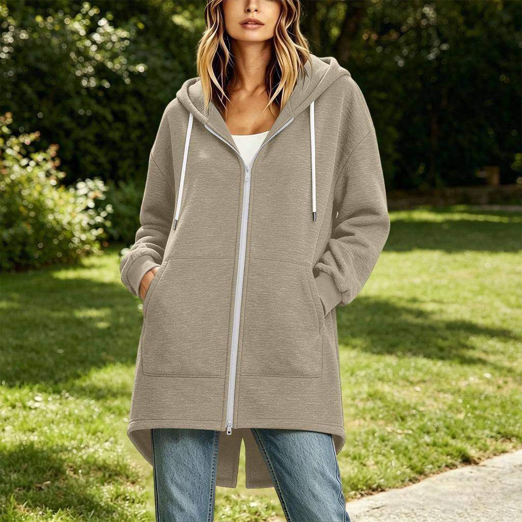 Women's Long Zip Up Hoodie Jacket Loose Fit Casual Outerwear with Pockets Lightweight Hooded Coat for Everyday Wear
