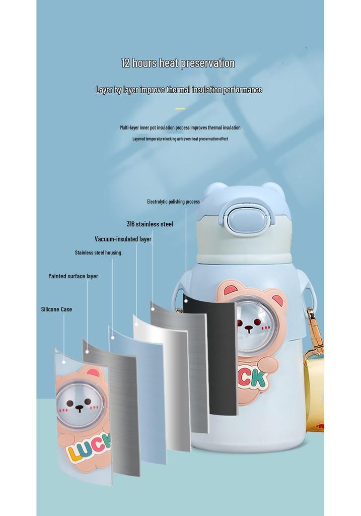 Teddy Bear Stainless Steel Thermos Cup with Lanyard & Straw - Kids' Fun Bounce Design