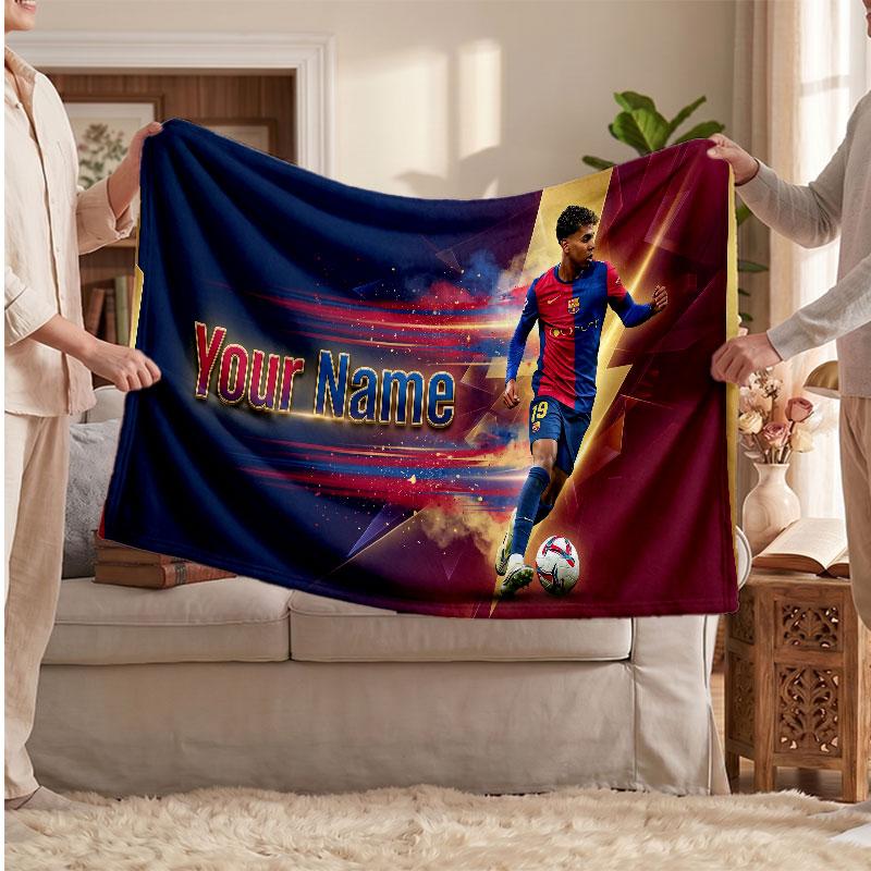 Lamine Yamal Personalized Fleece Blanket With Football Logo, Custom Name Text Soft Warm Home Throw Blanket