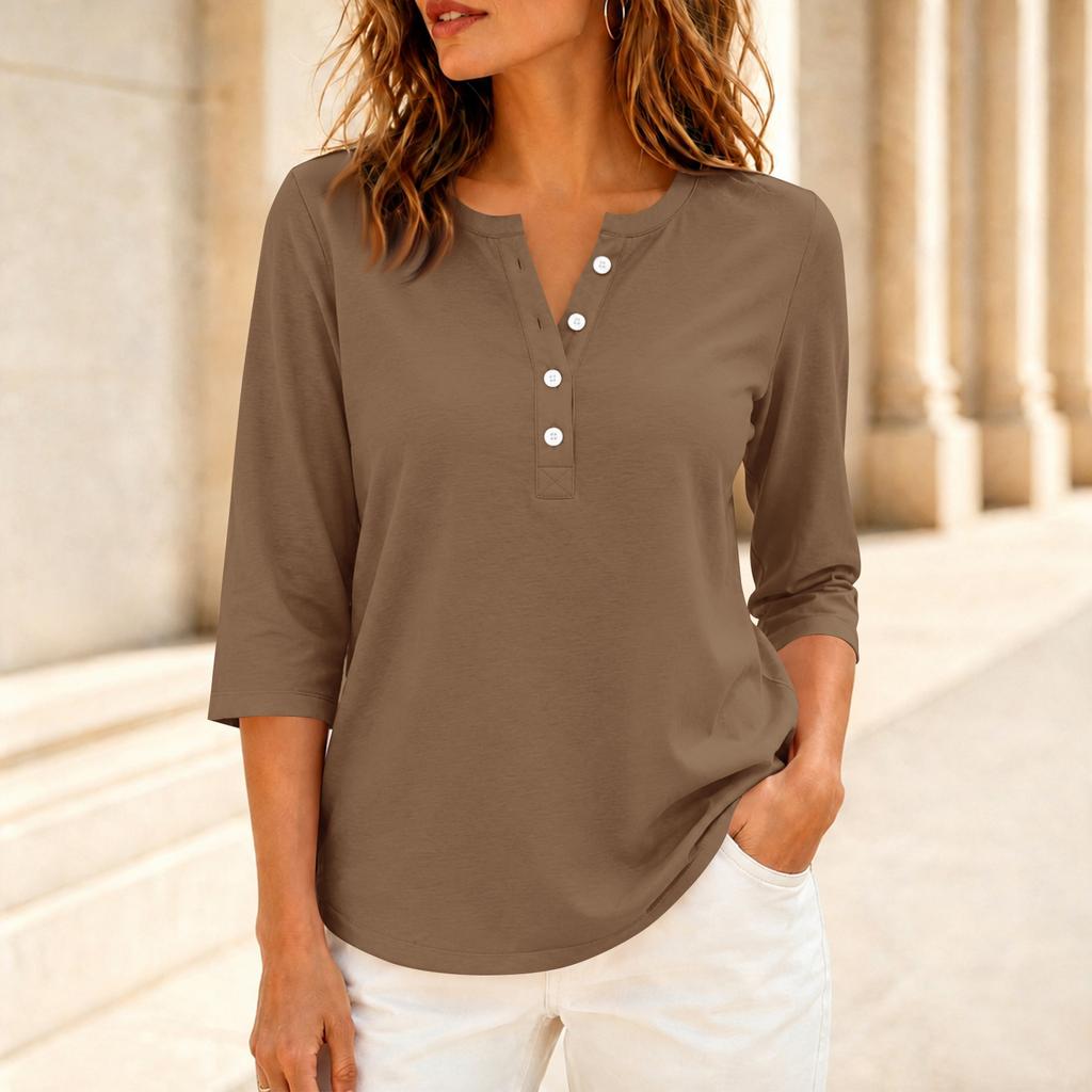 Women's Casual Color V-Neck Three-Quarter Sleeve Button T-Shirt Top