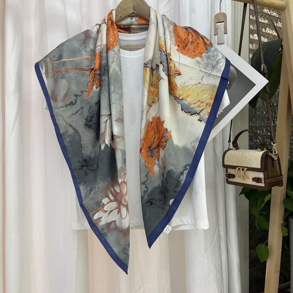Spring and Autumn High-end Twill Flower Printed Bag Headscarf Scarf for Women New Versatile Sunscreen Scarf Scarf