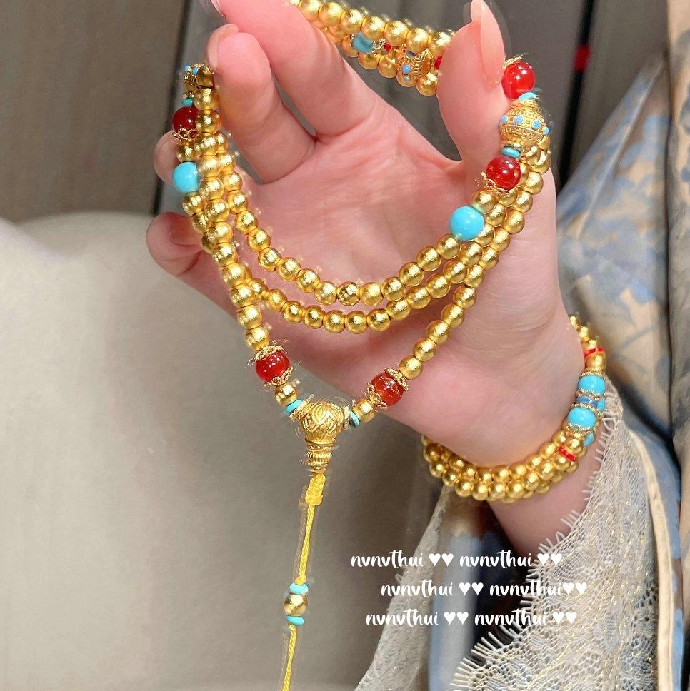 National Style, Red Agate, Blue Turquoise, Golden Beans Beaded Necklace, New Chinese Style Gold Tuo Tuo Agate Ice Bead Bracelet.