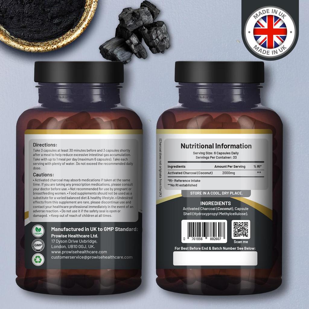 Activated Charcoal Capsules - 200 High Strength Vegan Capsules- 2000mg Per Serving I Made In the UK by Prowise Healthcare