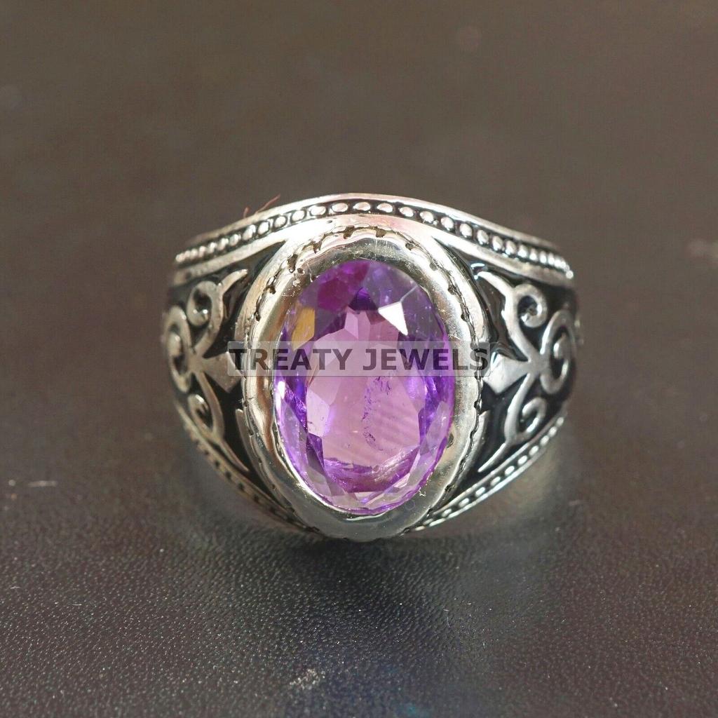 Amethyst Oval geschliffener Edelstein mit 925er Sterling Silber Ring für Herren #A686 JL375658868684