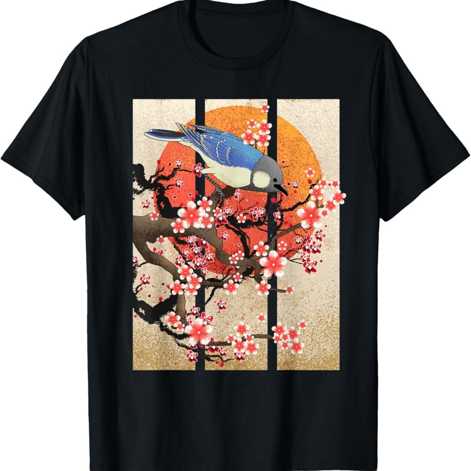 Vintage Bird  Art Sakura Cherry Blossom Flowers Sun T-Shirt S чёрный