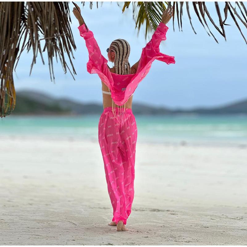 Summer Female 2 Piece-Set Trousers Casual See-Through Holiday Cardigan and High Waist Women's Pants Outfits Tracksuit 2025