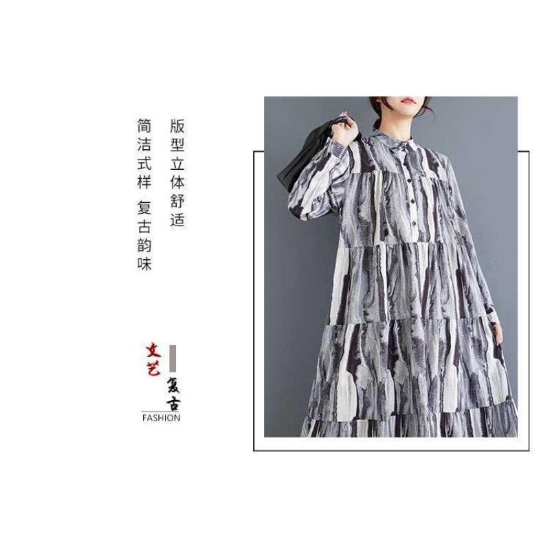 New Large Size Loose Thin Fashion Long-sleeved Printed Dresses