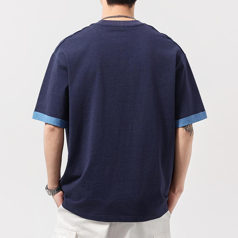 Letter Patch Color Block Washing Short-sleeved T-shirt for Men and Women Loose Casual Shirts