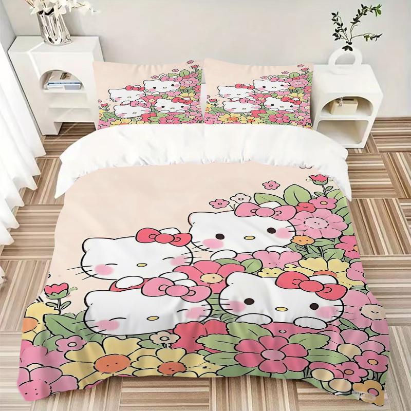 3pcs Hello Kitty In a Field of Flowers Pattern Bedding Three-Piece Set (1 Cover + 2 Pillowcases, No Fillings), This Printed Bedding Set Is S