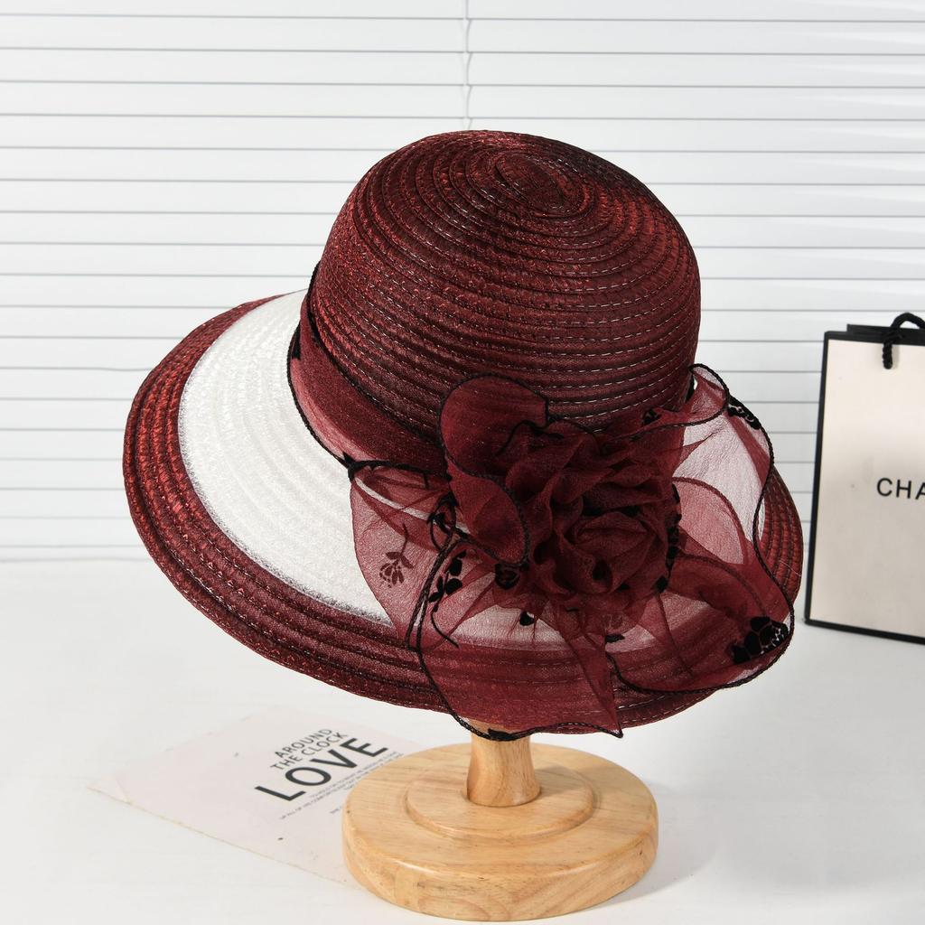 Summer Middle-Aged And Elderly Organza Flower Pot Hat French Top Hat Mother Sun Protection Hat Breathable Sun Hat Women