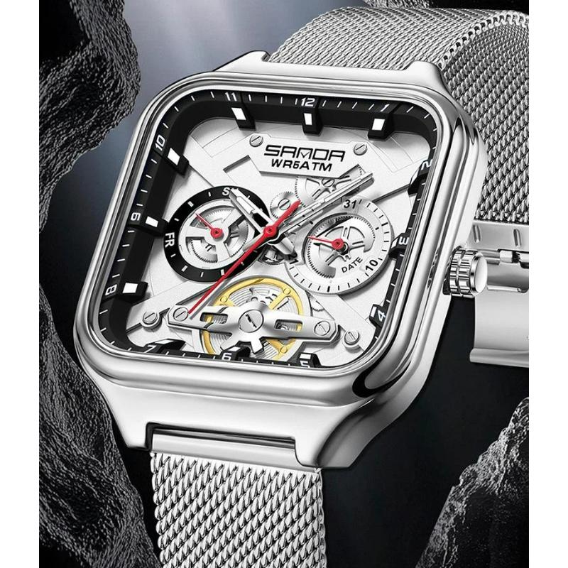 Luxury Men's Quartz Watch Fashion Square Case Week Date Display Waterproof with Silicone/Mesh Band Casual Wristwatch for Men