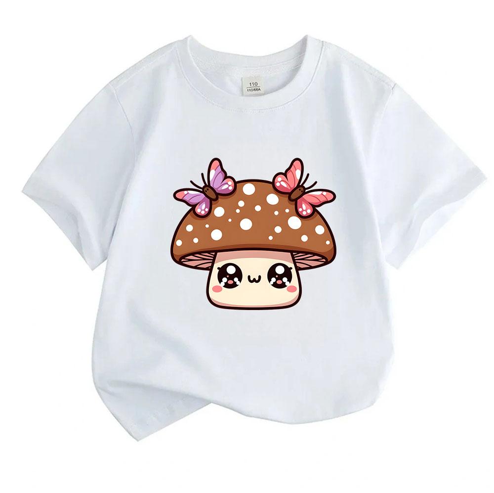 Kids Boys Girls 100% Cotton Crew Neck Short Sleeve T-Shirt, Cute Cartoon Mushroom with Butterflies Pattern Casual Soft Tee for Toddlers Everyday Wear
