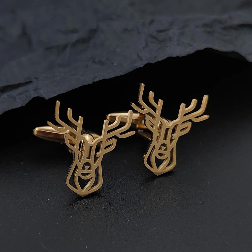 Golden Deer Head Design Cufflinks, Elegant Stainless Steel Animal Cuffs for Men and Women, Jacket Back Packaging Accessories.
